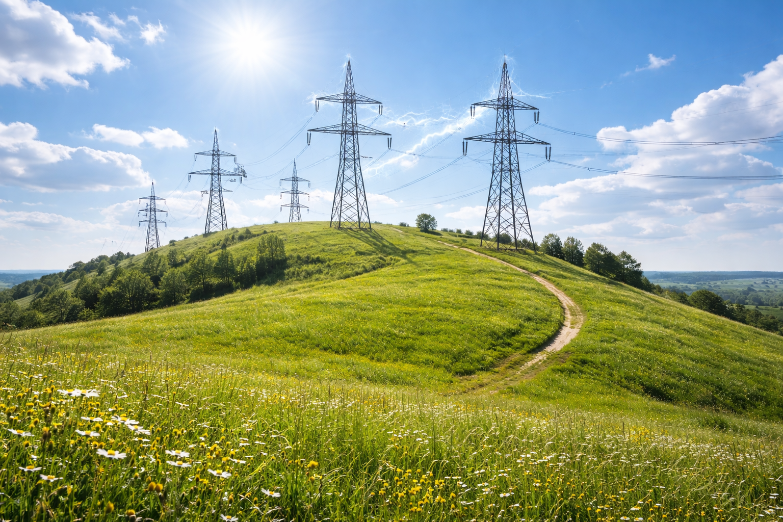 High-voltage electric transmission towers carrying power lines across green hills under a clear blue sky.